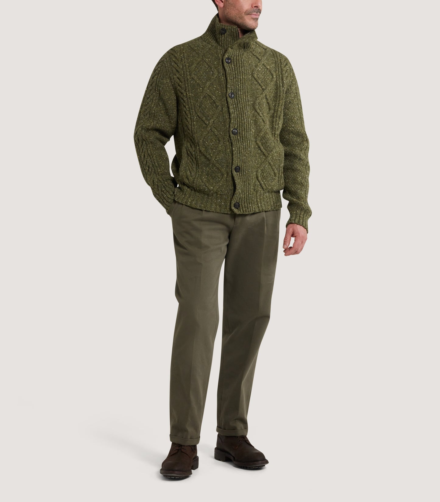 Mens' Donegal Aran Full Zip Cardigan in Moss