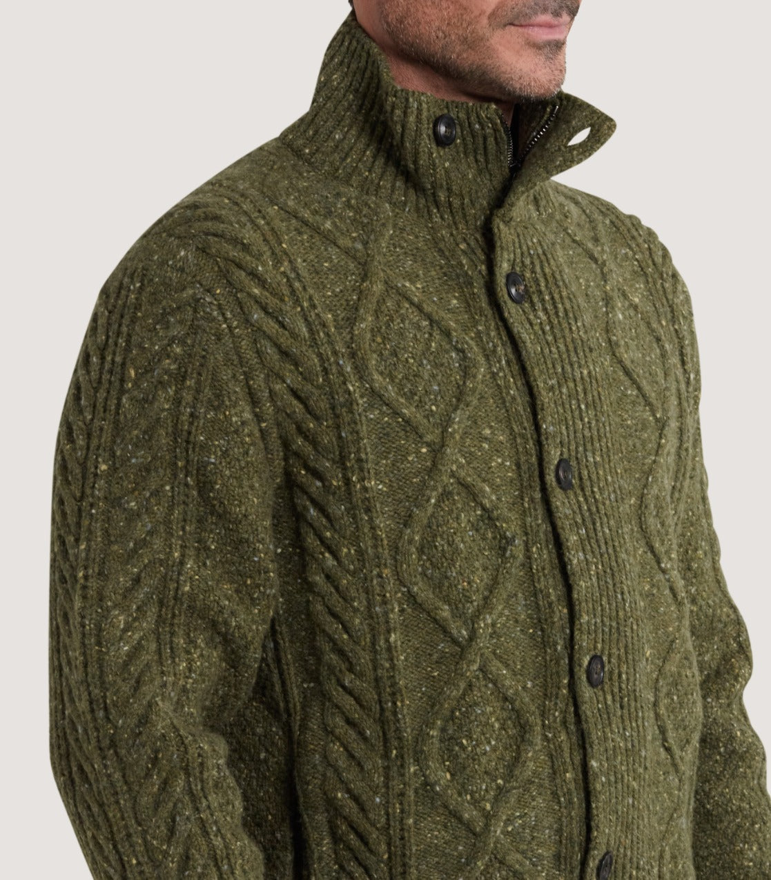 Men's Donegal Aran Full Zip Cardigan in Moss