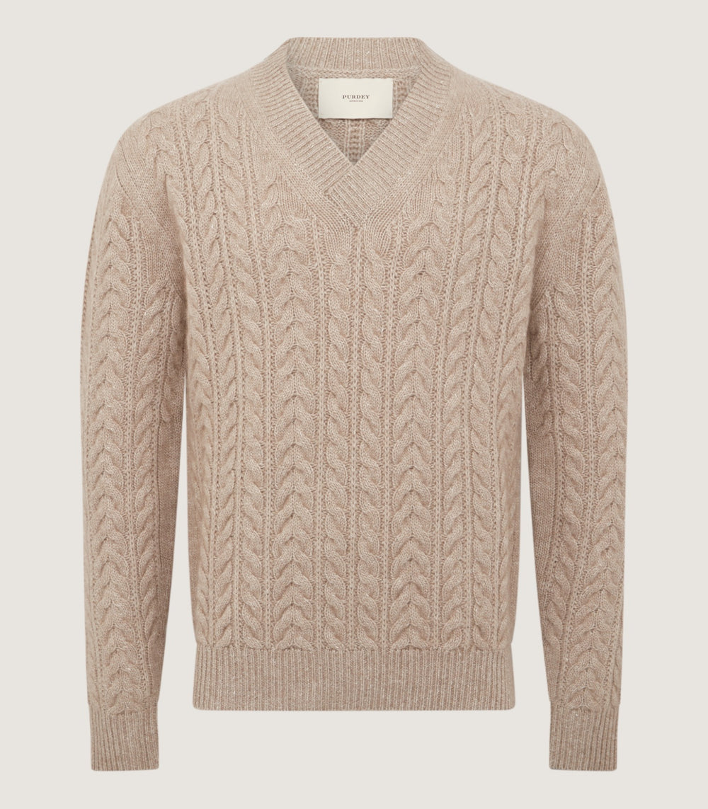 Men's Taupe Cashmere Linen V Neck Cricket Jumper