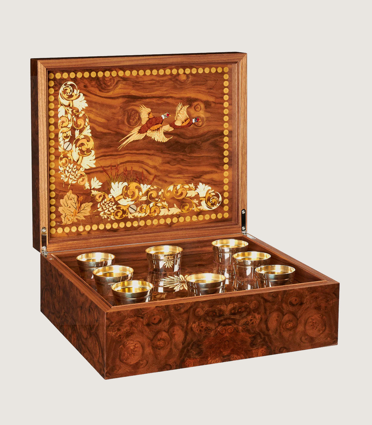 Marquetry Box With Silver Cups In Natural