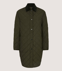 Women's Long Quilted Purdey Jacket in Dark Olive