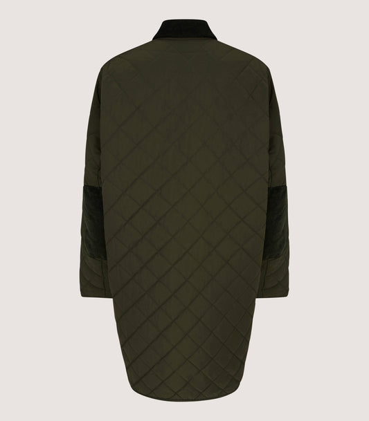Women's Long Quilted Purdey Jacket in Dark Olive
