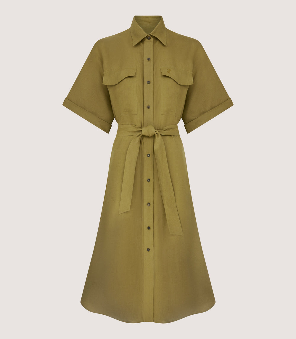 Women's Belted Linen Shirt Dress in Ochre