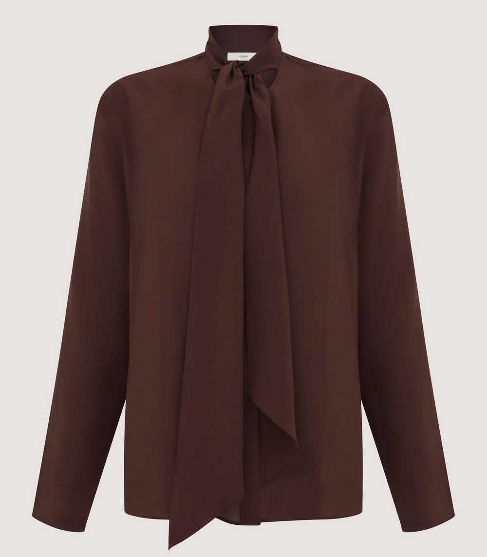 Women's Silk Scarf Neck Blouse in Umber