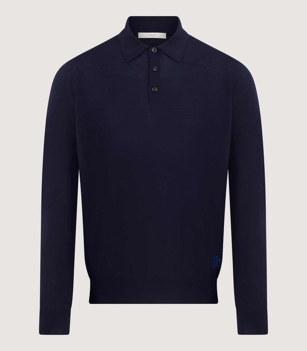 Men's Lightweight Travel Merino Long Sleeve Polo in Midnight