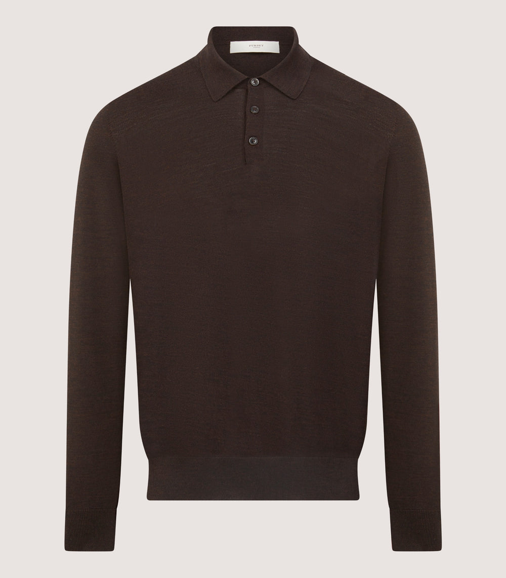 Men's Lightweight Travel Merino Long Sleeve Polo in Chocolate