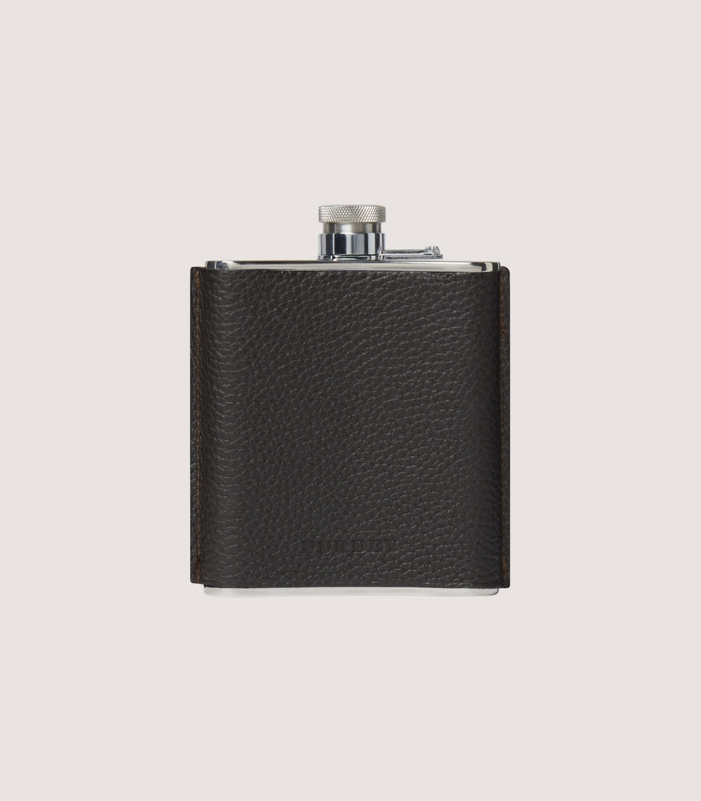 Grain Leather Hip Flask In Dark Brown