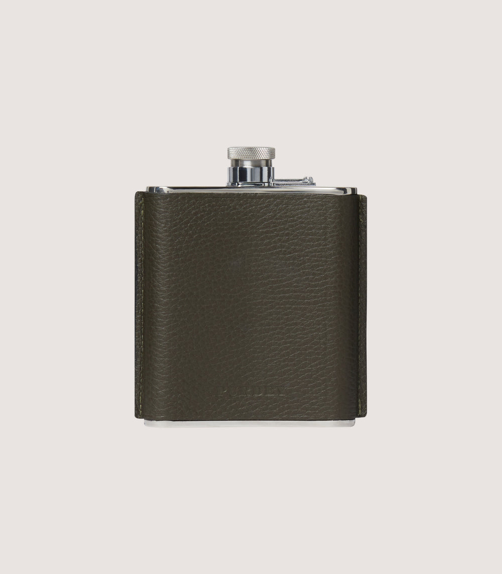 Grain Leather Hip Flask In Olive Green