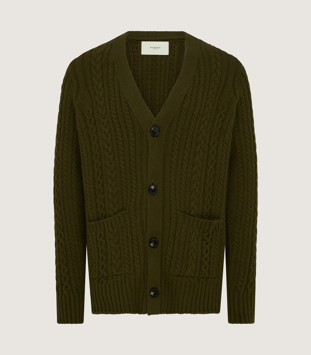 Men's Cashmere Cable And Rib V Neck Cardigan In Military