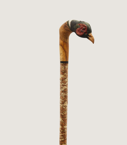 Hand Carved Cock Pheasant Country Walking Stick In Natural Wood