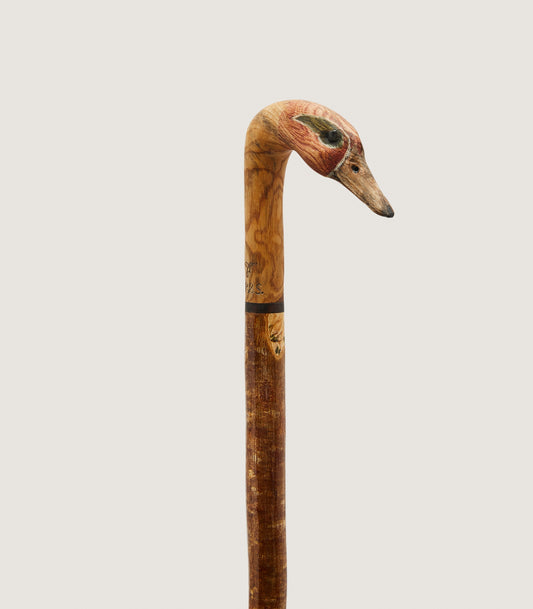 Hand Carved Teal Drake Walking Stick In Natural Wood