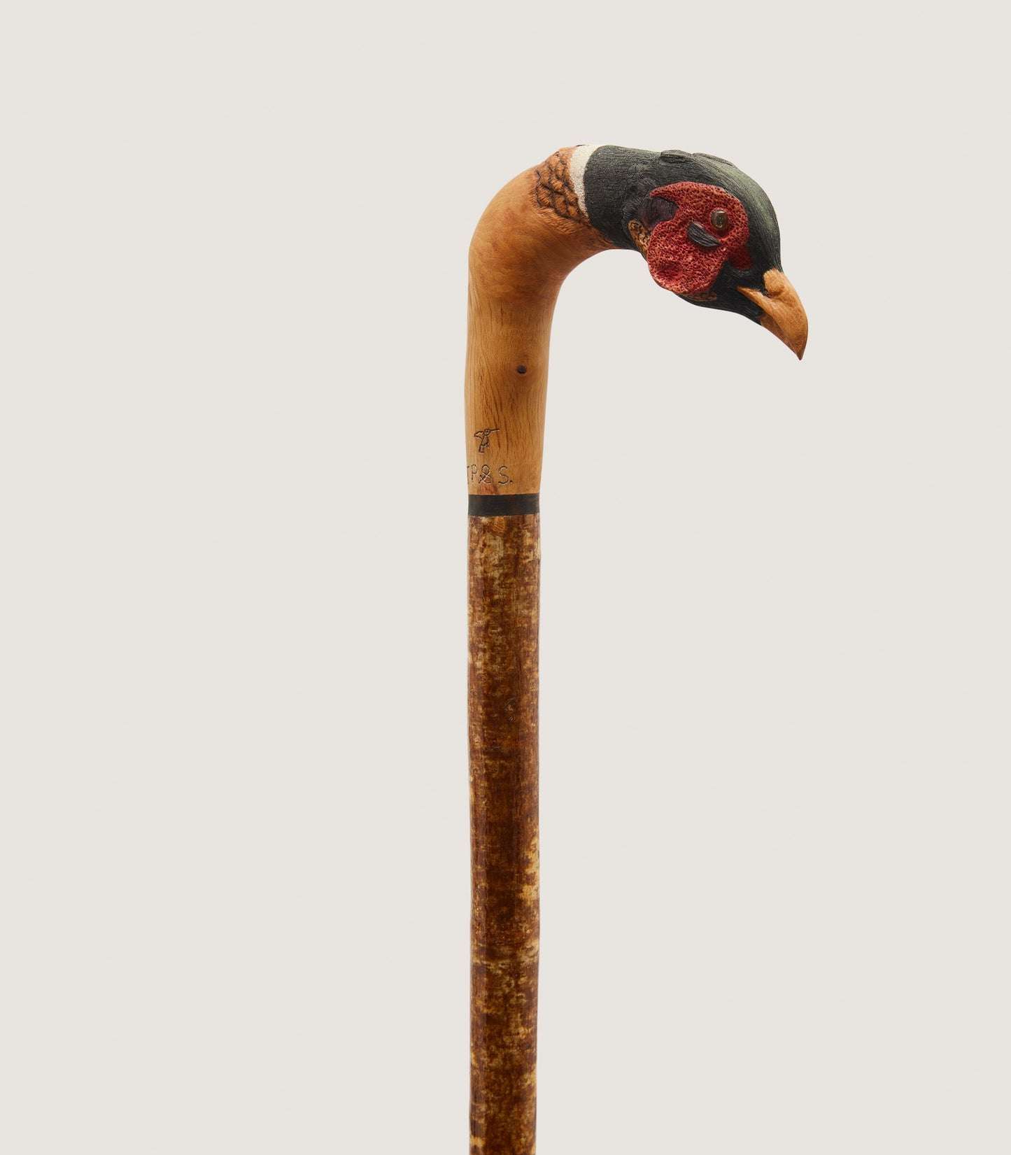 Hand Carved Cock Pheasant Head Walking Stick In Natural Wood