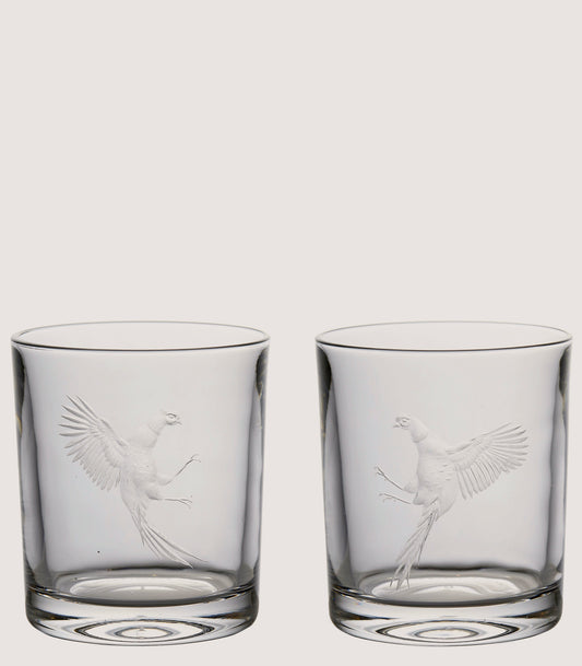 Fighting Pheasants Pair Of Crystal Tumblers