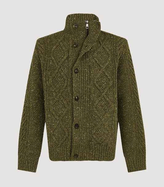 Men's Donegal Aran Full Zip Cardigan in Moss