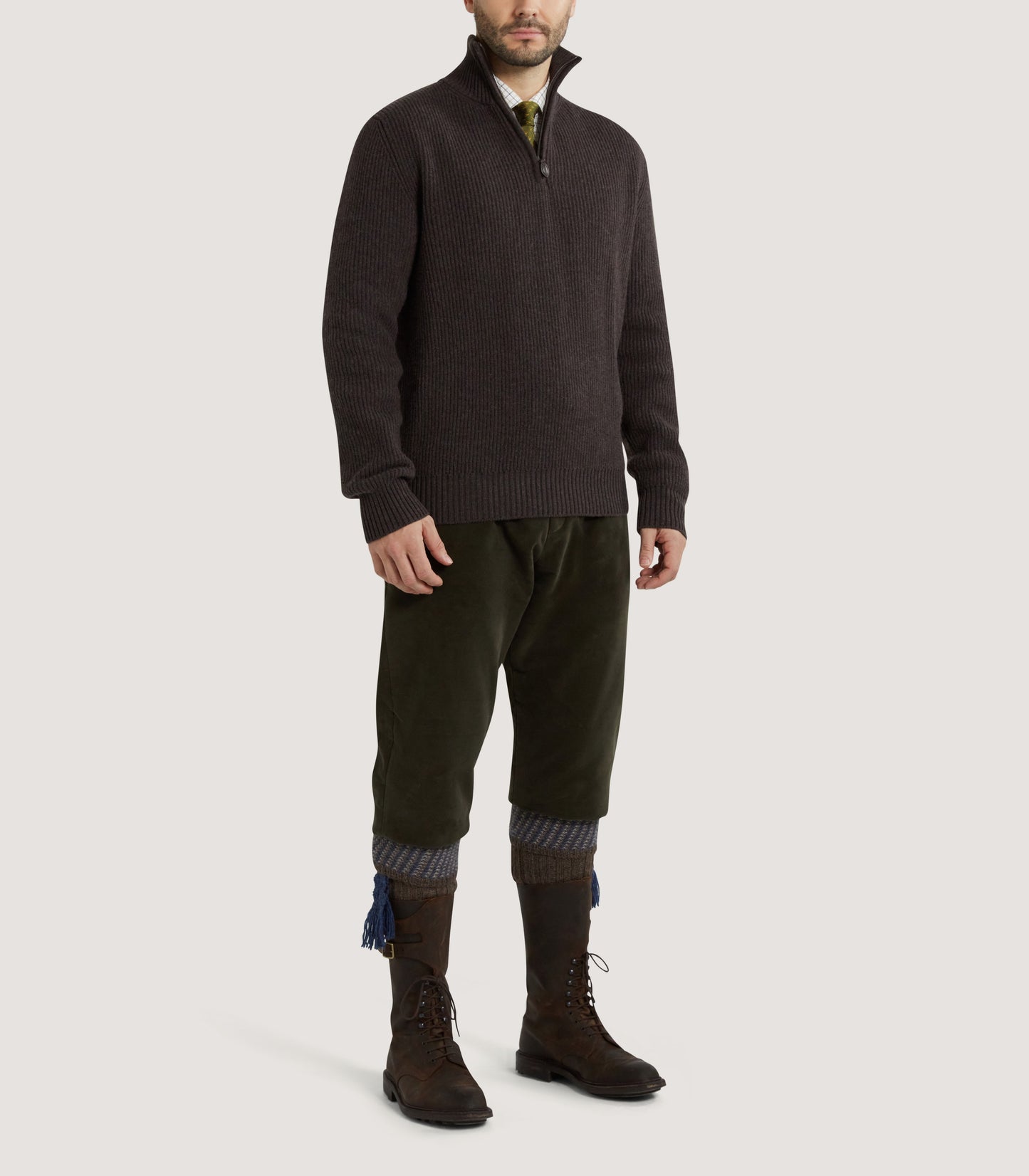 Men's Clifford Wool Cashmere Ribbed Quarter Zip Sweater in Peppercorn