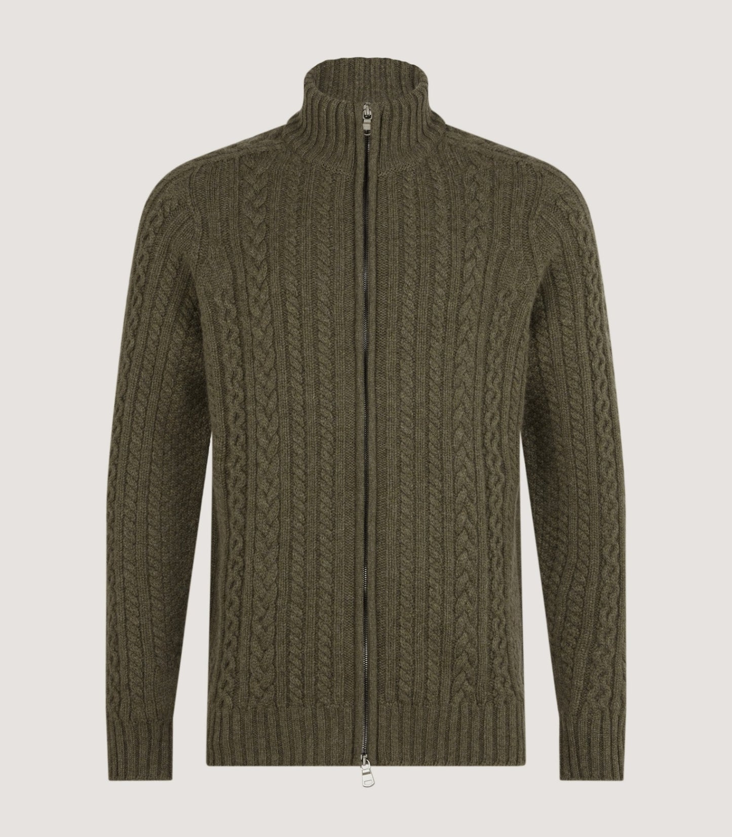 Men's Burlington Wool Cashmere Cable Knit Zip Cardigan in Moss