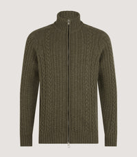 Men's Burlington Wool Cashmere Cable Knit Zip Cardigan in Moss