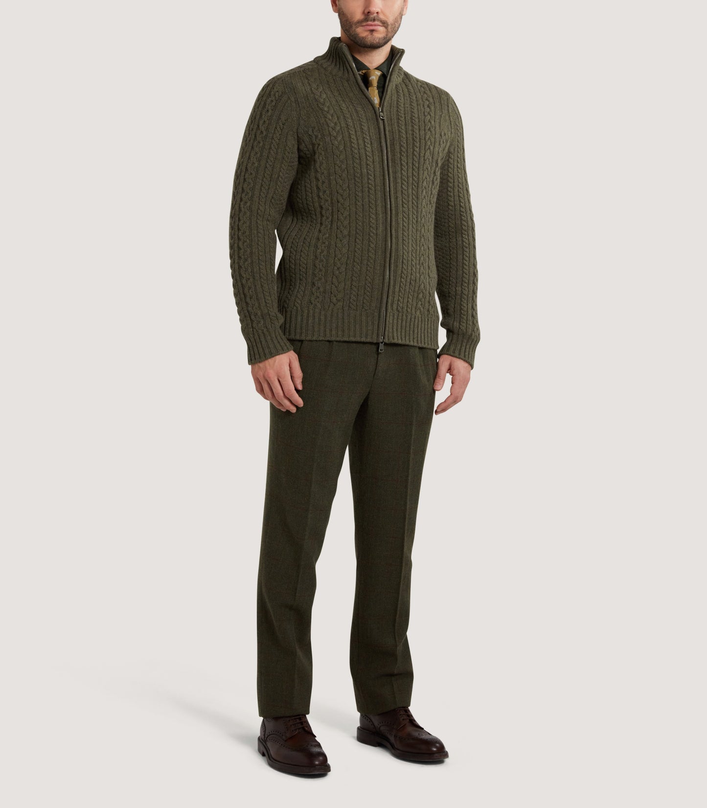 Men's Burlington Wool Cashmere Cable Knit Zip Cardigan in Moss