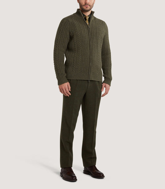 Men's Burlington Wool Cashmere Cable Knit Zip Cardigan in Moss