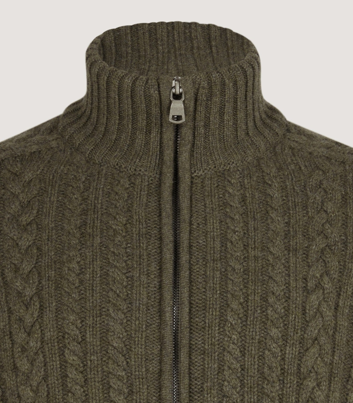 Men's Burlington Wool Cashmere Cable Knit Zip Cardigan in Moss