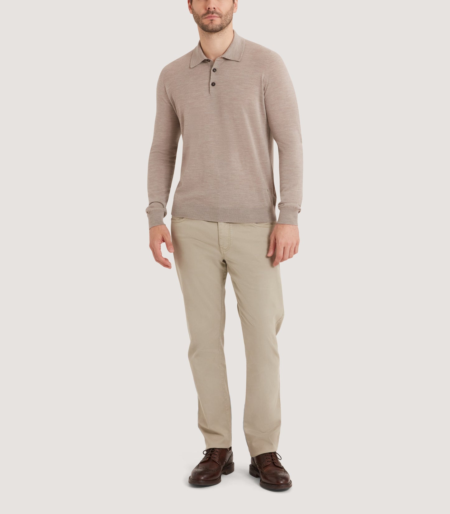 Men's Lightweight Travel Merino Long Sleeve Polo in Taupe