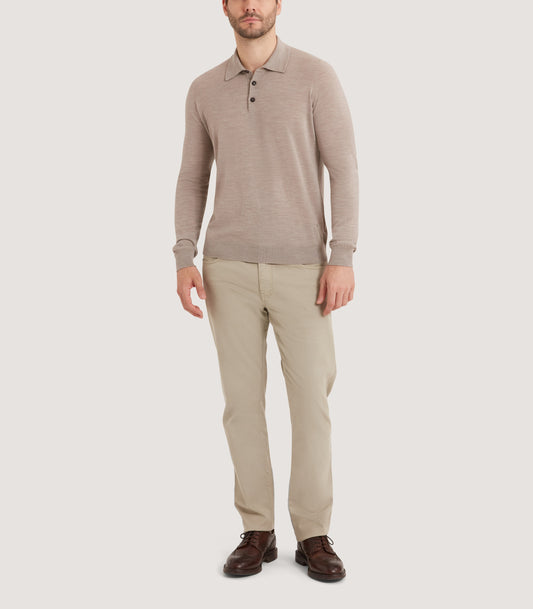 Men's Lightweight Travel Merino Long Sleeve Polo in Taupe