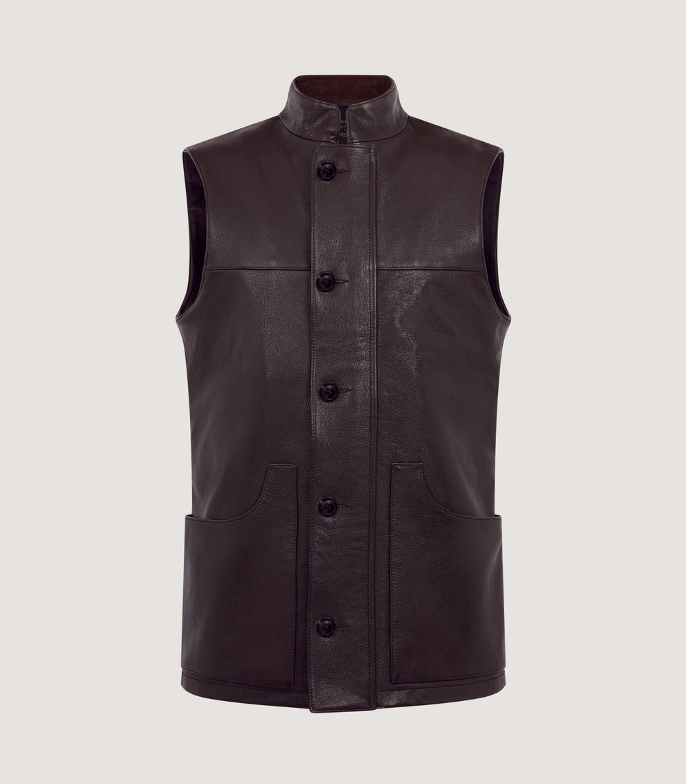 Men's High Collar Leather Sporting Vest In Brown