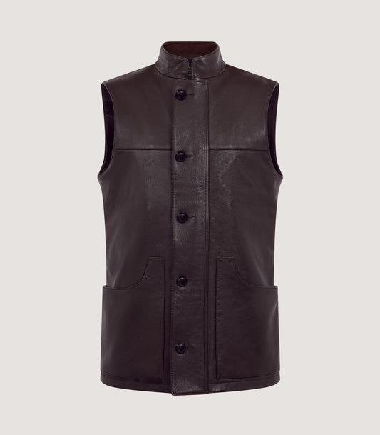 Men's High Collar Leather Sporting Vest In Brown