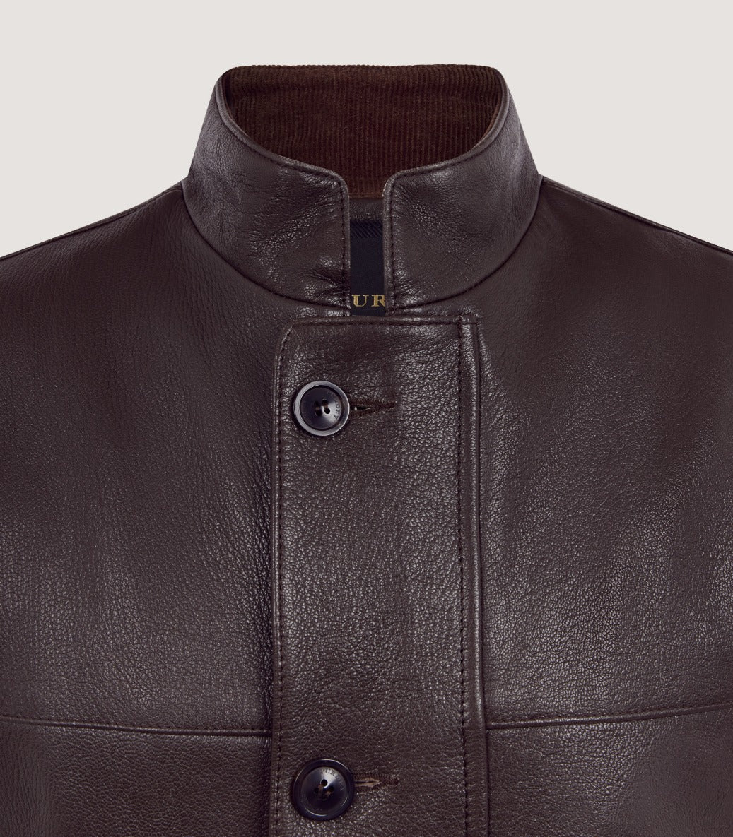 Men's High Collar Leather Sporting Vest In Brown