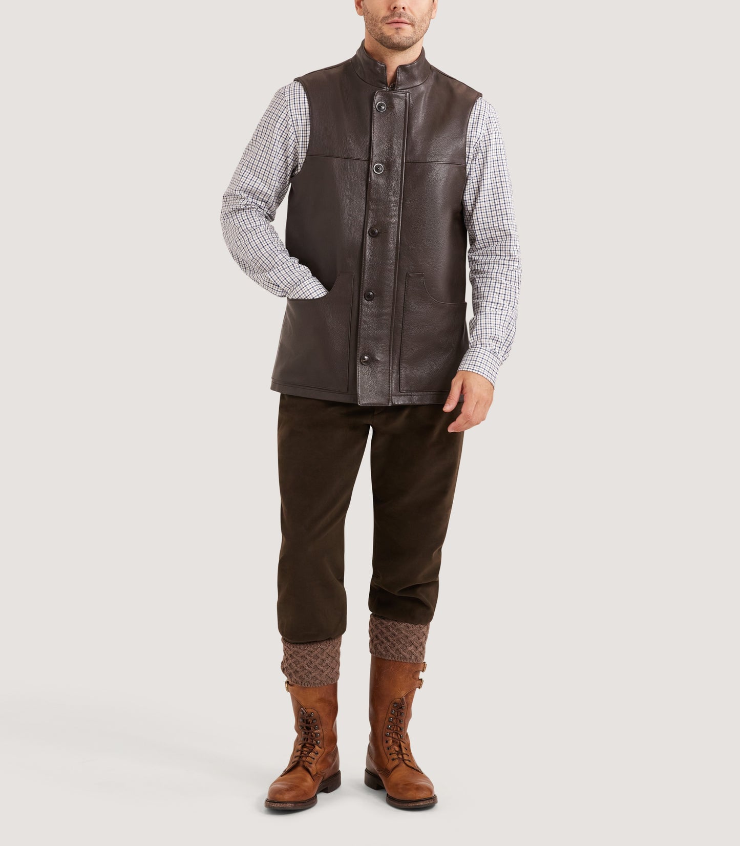 Men's High Collar Leather Sporting Vest In Brown