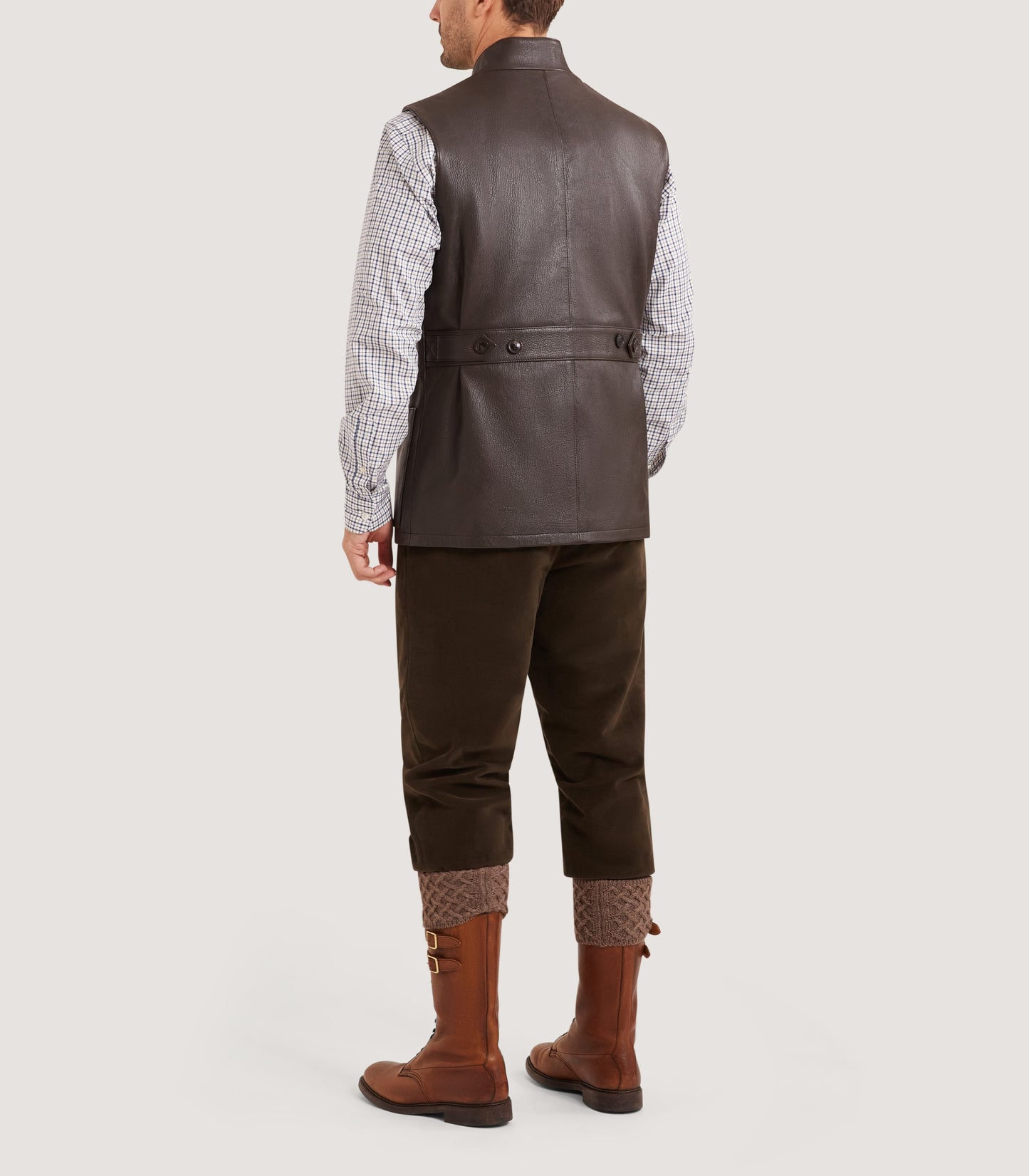 Men's High Collar Leather Sporting Vest In Brown