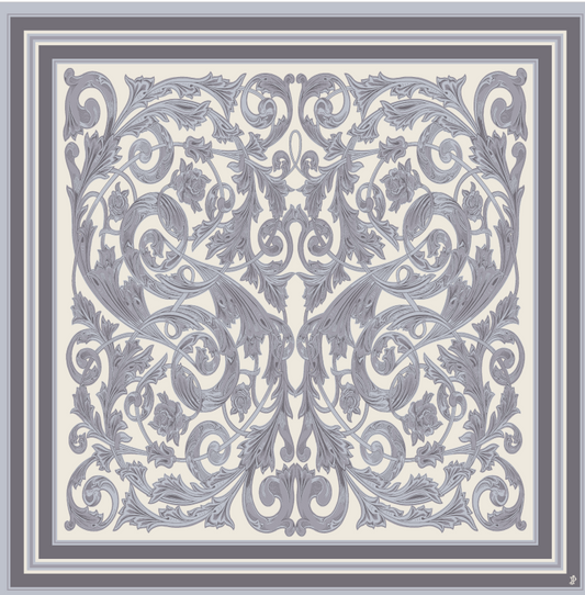 Rose and Scroll Silk Square Scarf in Steel