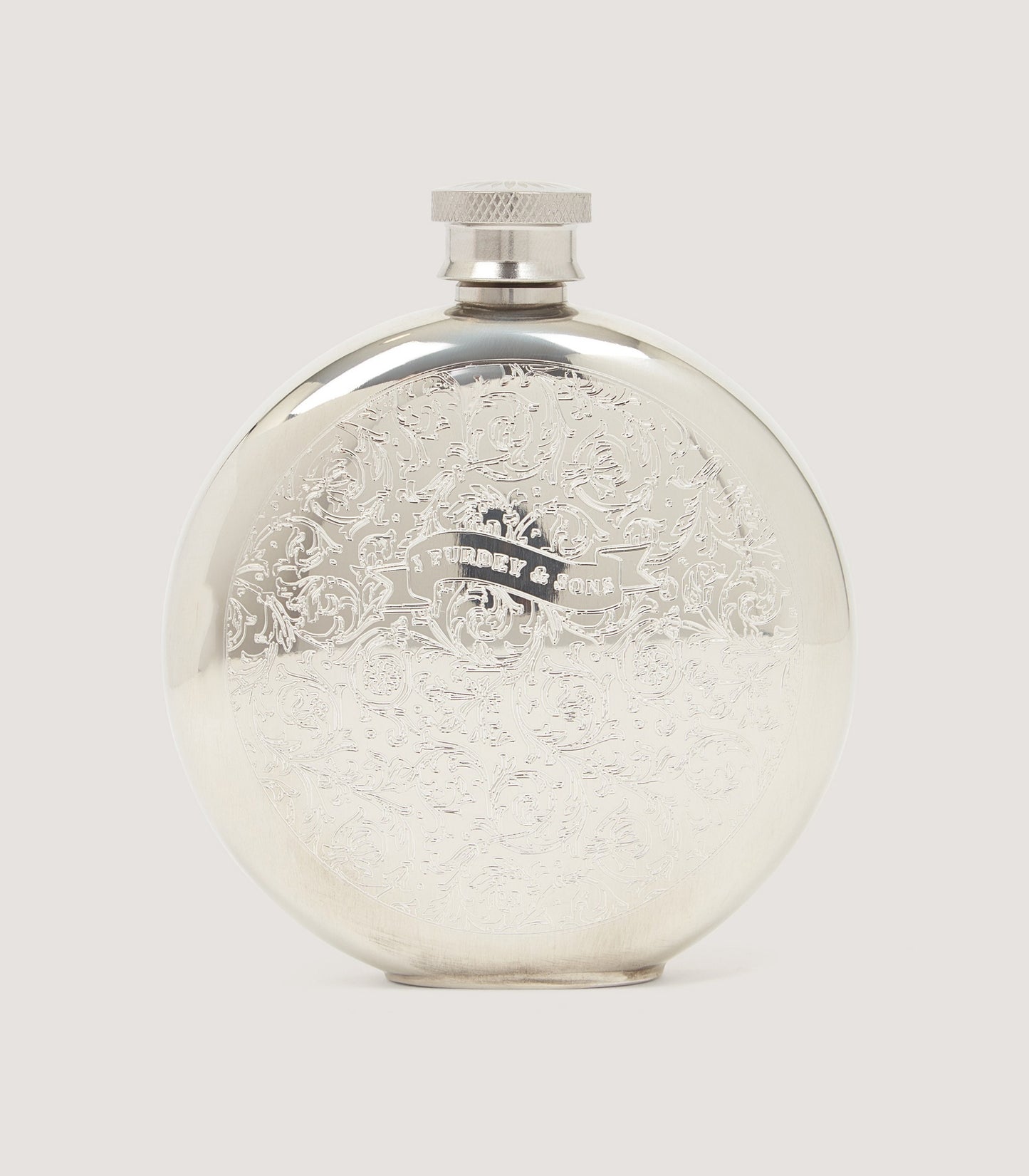 Rose and Scroll Engraved Round Pewter Flask