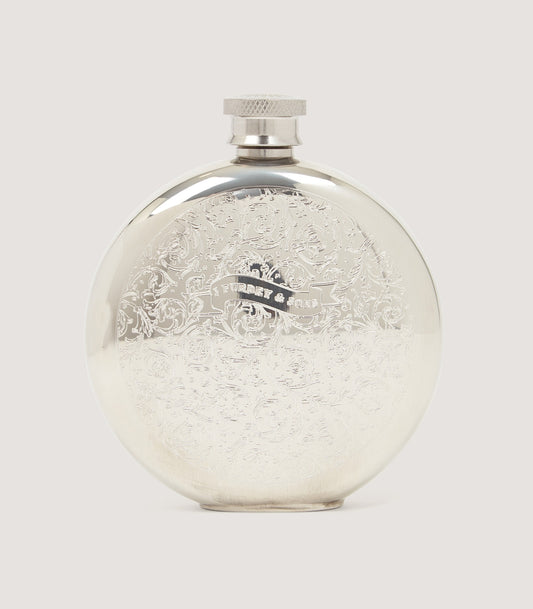 Rose and Scroll Engraved Round Pewter Flask
