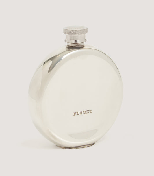 Rose and Scroll Engraved Round Pewter Flask