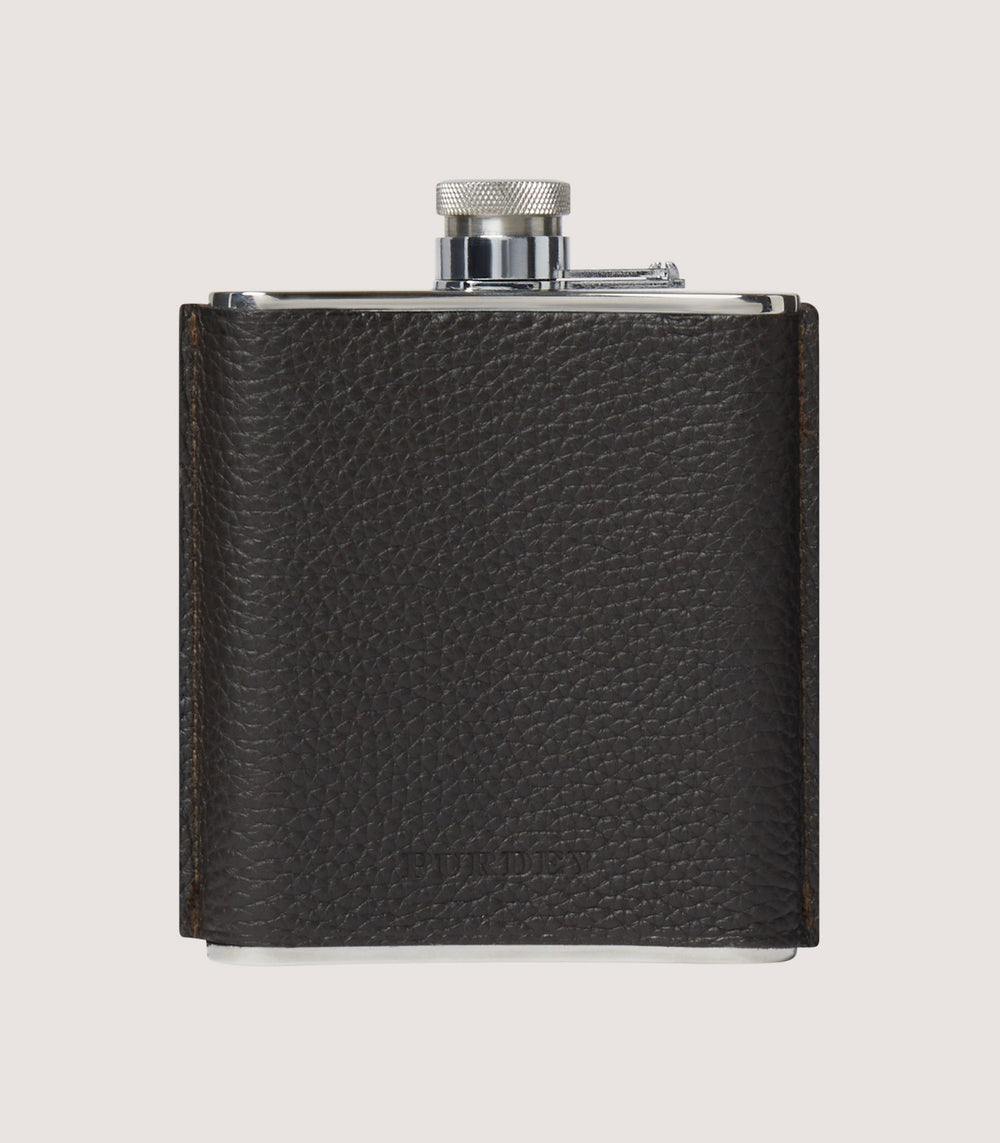 Grain Leather Hip Flask In Dark Brown