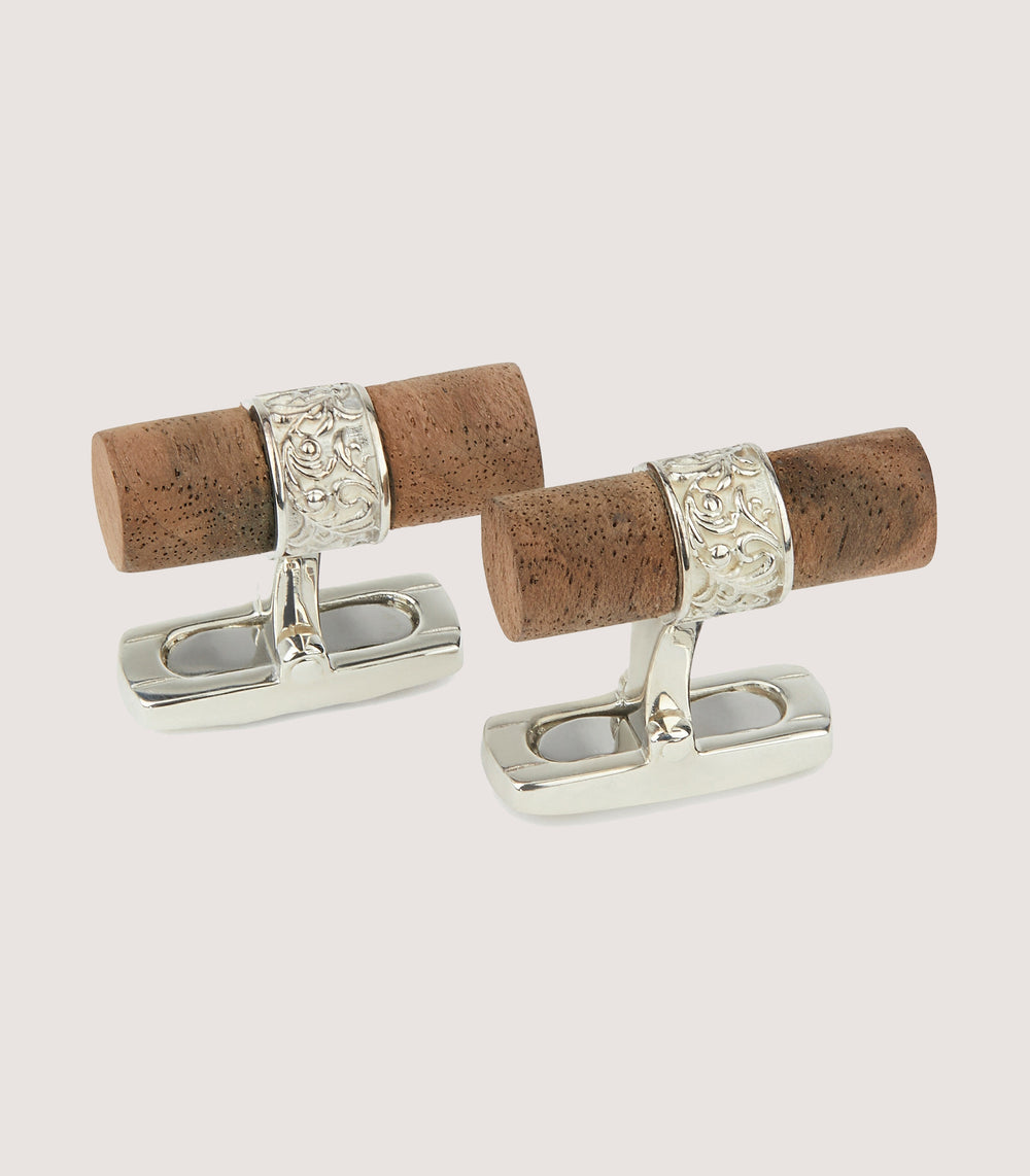 Silver Scroll Walnut Bar Cufflinks In Silver