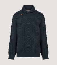 Men's Arran Shawl Collar Cable Sweater in Dark Ocean