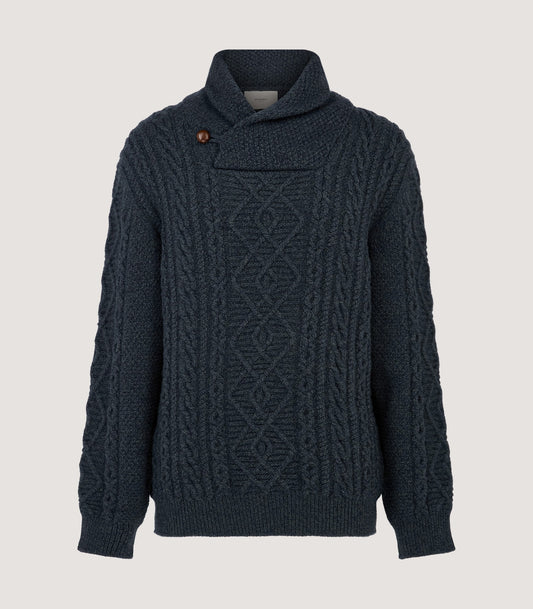 Men's Arran Shawl Collar Cable Sweater in Dark Ocean