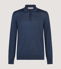 Men's Lightweight Travel Merino Long Sleeve Polo in Denim Blue
