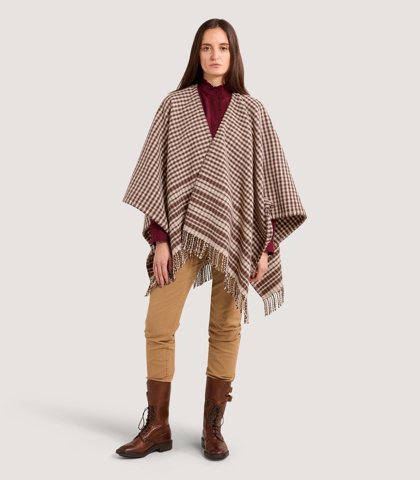Women's Shepherds Check Poncho in Chocolate
