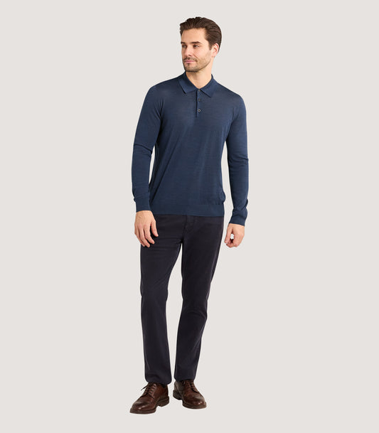 Men's Lightweight Travel Merino Long Sleeve Polo in Denim Blue