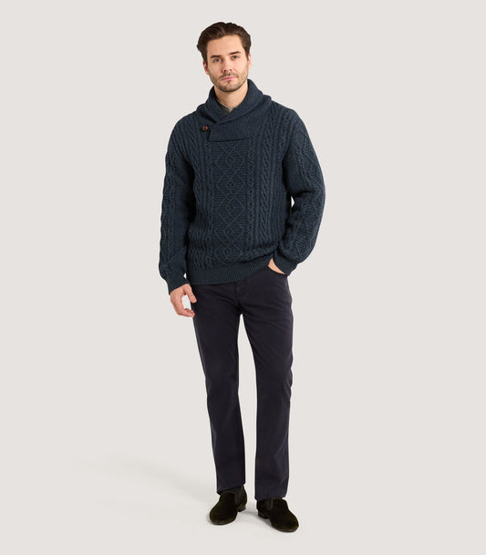 Men's Arran Shawl Collar Cable Sweater in Dark Ocean