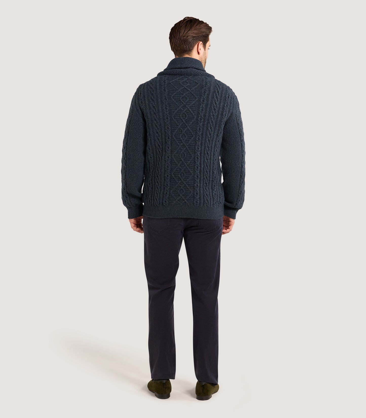 Men's Arran Shawl Collar Cable Sweater in Dark Ocean