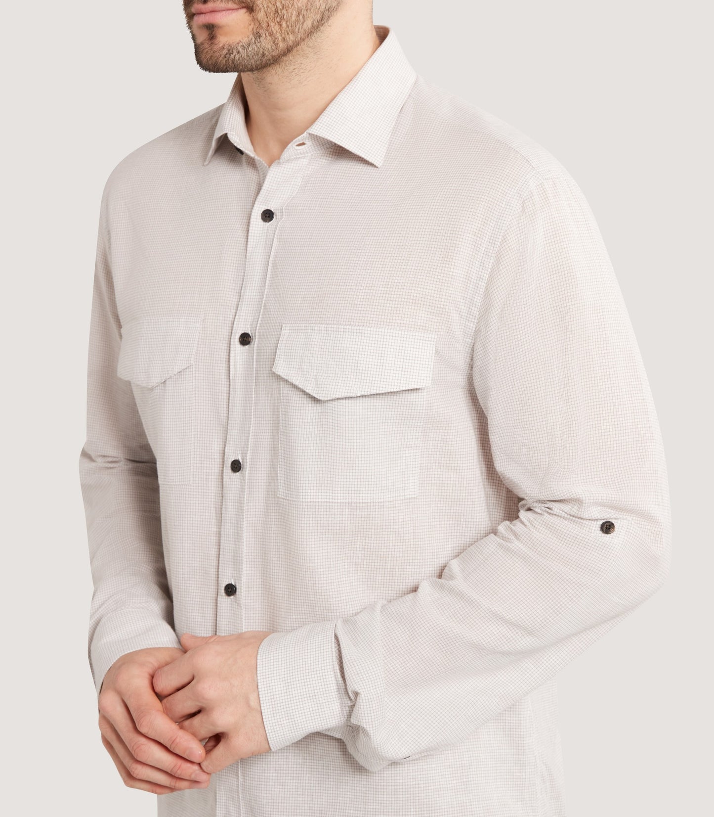 Men's Small Tattersall Check Utility Shirt in Taupe