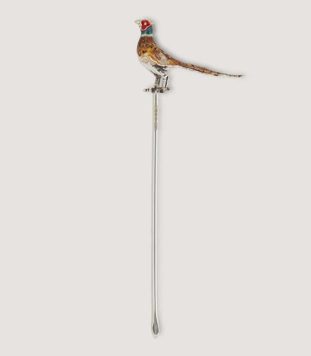 Enamelled Pheasant Cocktail Stick in Sterling Silver
