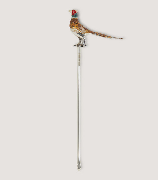 Enamelled Pheasant Cocktail Stick in Sterling Silver