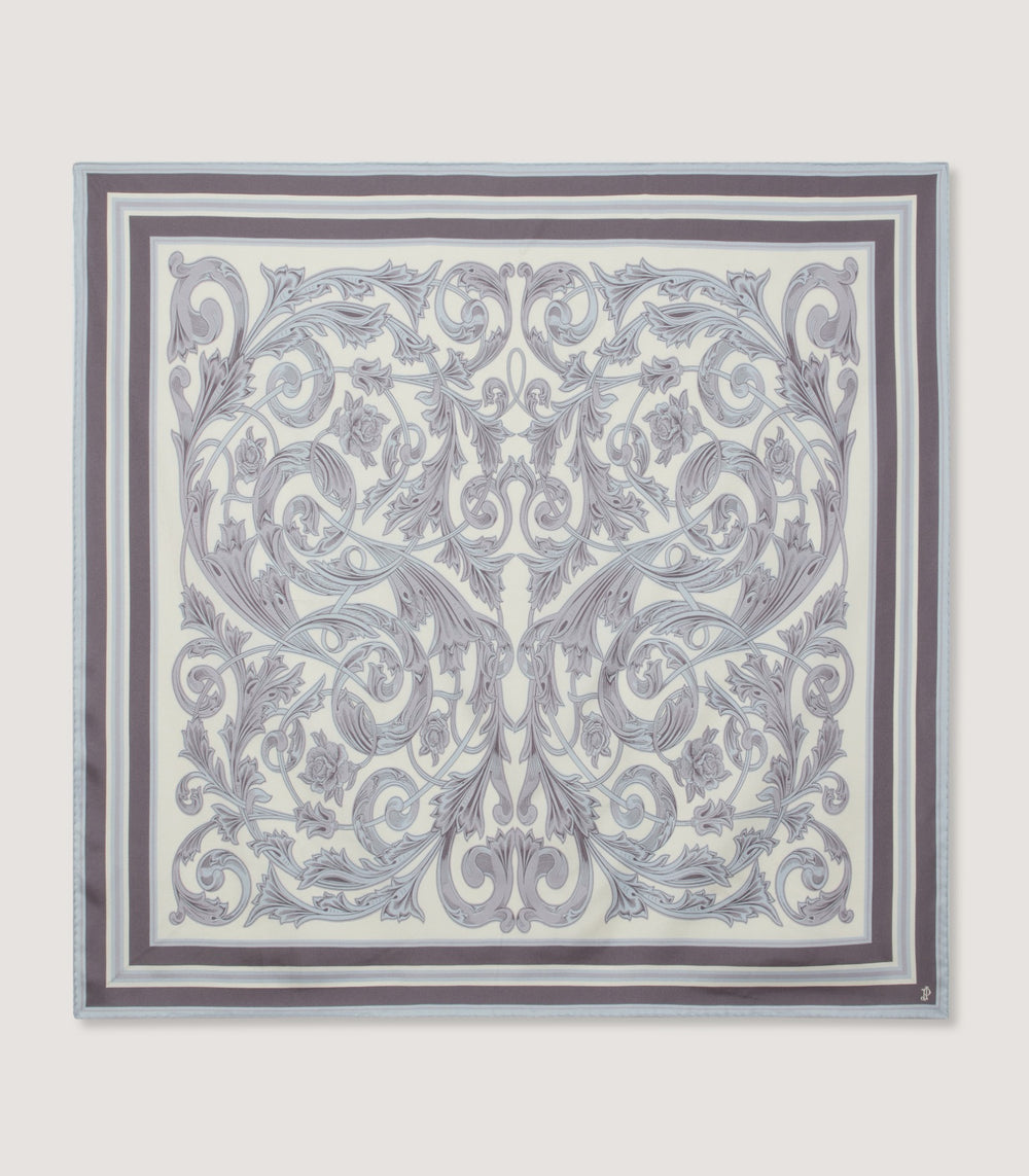 Rose and Scroll Silk Square Scarf in Steel