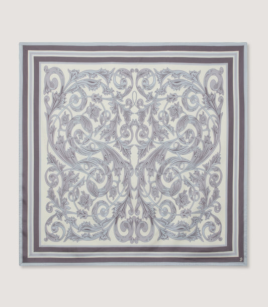Rose and Scroll Silk Square Scarf in Steel