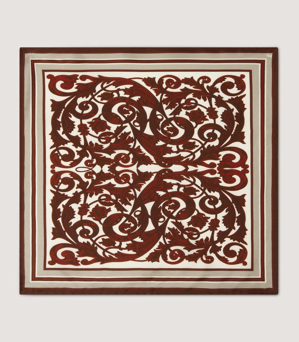Rose and Scroll Pocket Square in Audley Red